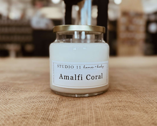 Hand-poured Amalfi Coral soy candle featuring aquatic and musk notes, made by Studio 11 Home and Body in Huntsville AL