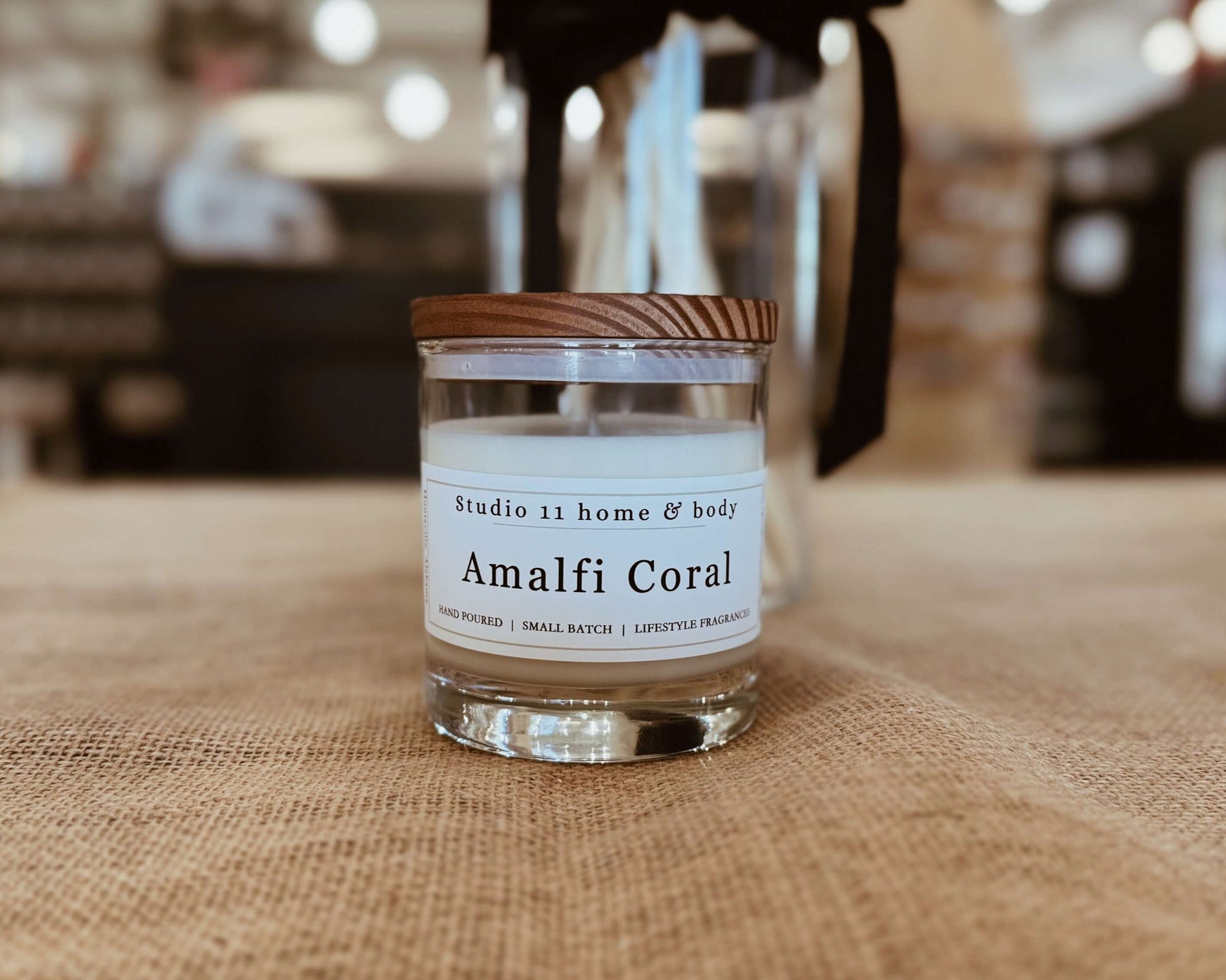 Hand-poured Amalfi Coral soy candle featuring aquatic and musk notes, made by Studio 11 Home and Body in Huntsville AL
