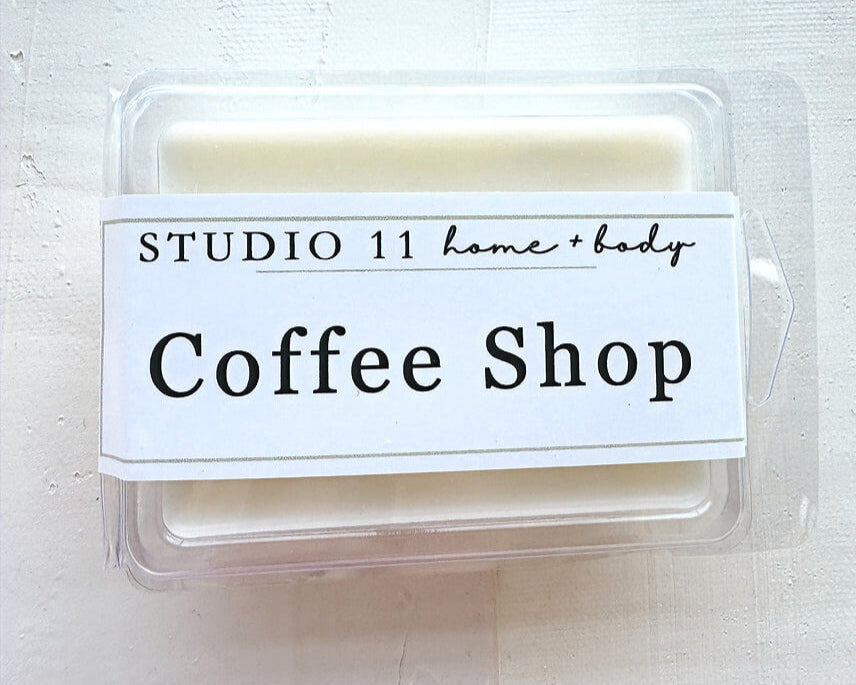Coffee lover's delight in convenient melt form. Six pure soy cubes featuring our popular coffee shop blend. Hand Poured by Studio 11 Huntsville AL.