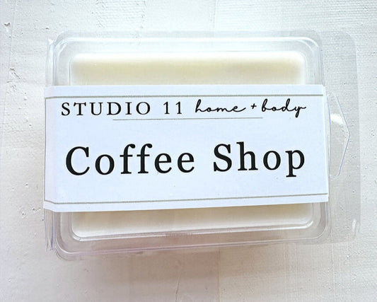 Coffee lover's delight in convenient melt form. Six pure soy cubes featuring our popular coffee shop blend. Hand Poured by Studio 11 Huntsville AL.