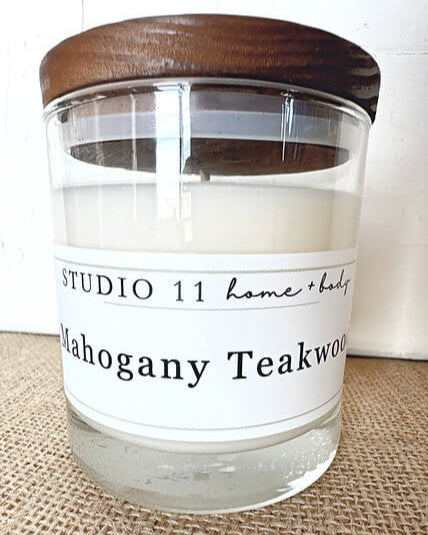 Premium soy candle with mahogany and teakwood notes, handcrafted at Studio 11 Home and Body in Huntsville AL