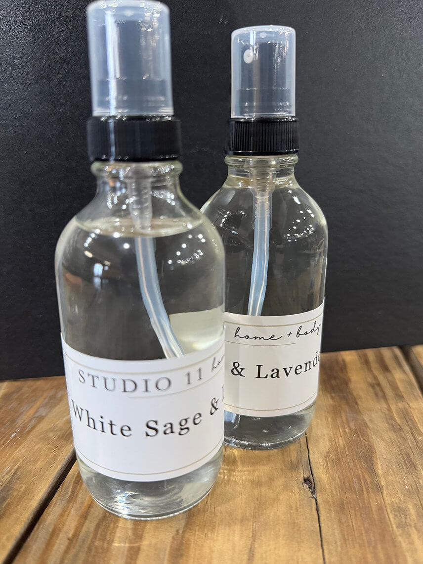 Natural white sage and lavender room mist by Studio 11 Home and Body, featuring essential oils of chamomile and lavender, crafted in Huntsville AL