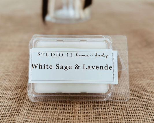 Calming botanical blend in convenient melt form. Six pure soy cubes featuring our signature white sage and lavender combination. Hand Poured by Studio 11 Huntsville AL.