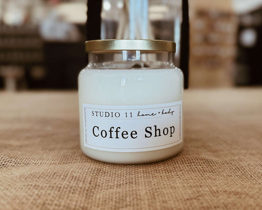 Coffee-inspired soy candle handcrafted by Studio 11 Home and Body in Huntsville AL, perfect for coffee lovers