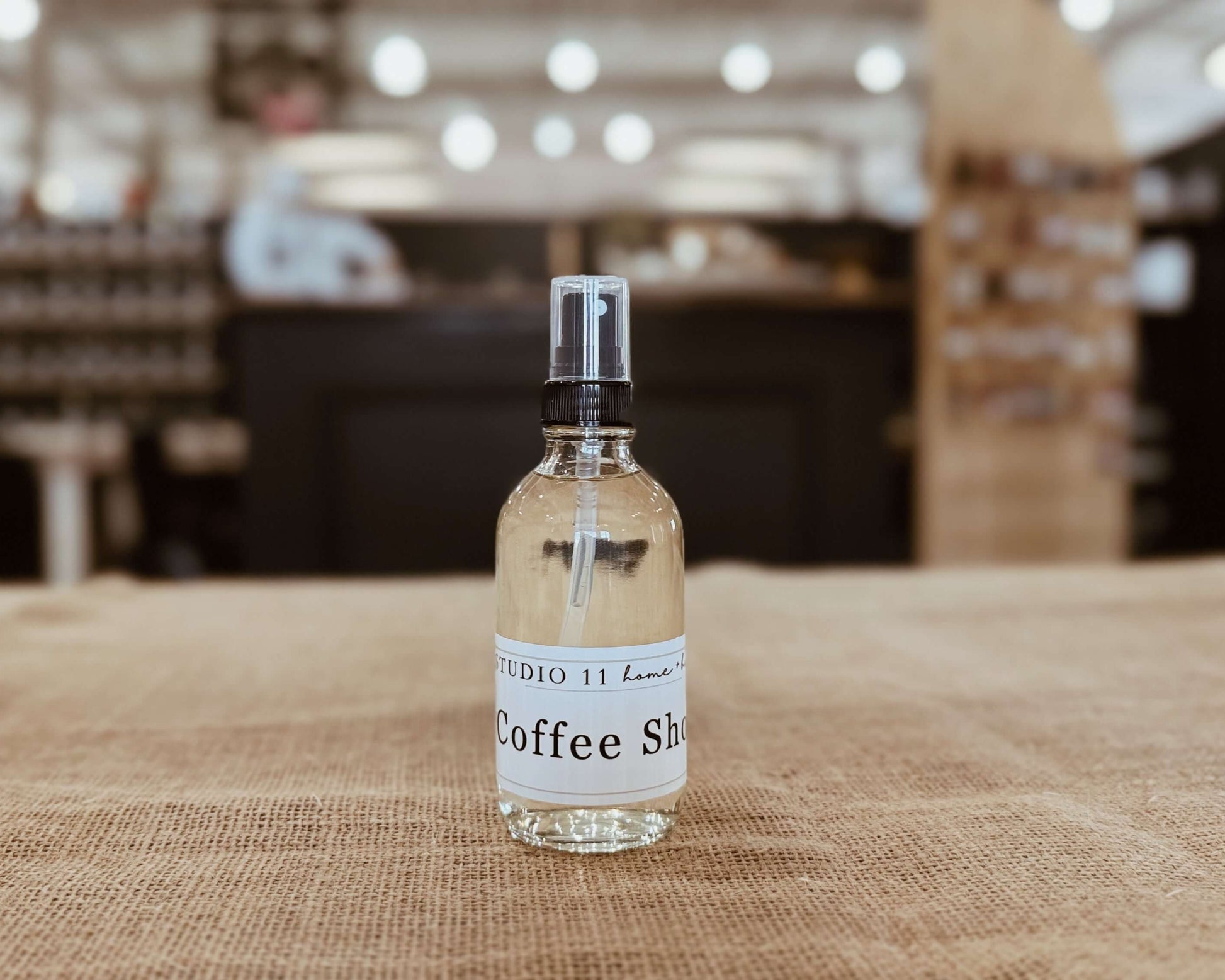 Cozy coffee shop inspired room mist handmade by Studio 11 Home and Body in Huntsville AL, perfect for creating a cafe atmosphere