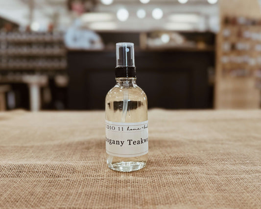 Mahogany Teakwood notes on for your room mist handmade by Studio 11 Home and Body in Huntsville AL.