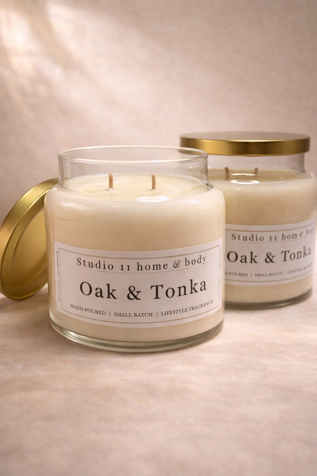 Handcrafted Oak and Tonka soy candle from Studio 11 home and body in Huntsville AL, featuring warm, woody and Bergamot notes