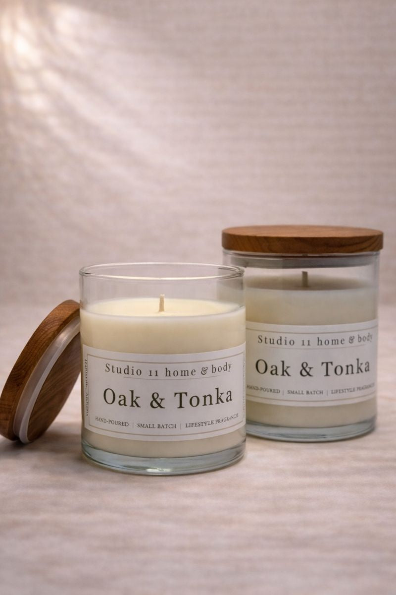 Handcrafted Oak and Tonka soy candle from Studio 11 home and body in Huntsville AL, featuring warm, woody and Bergamot notes