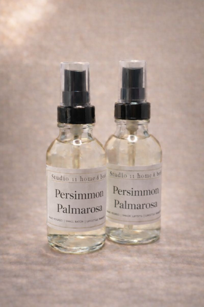 Fresh • Rosy • Citrus

Persimmon & Palmarosa is a bright citrus-y fragrance that blends juicy fruit with soft, floral warmth. Crisp Persimmon opens the scent with a fresh, lightly sweet note, balanced by rosy Palmarosa and delicate florals that feel airy and refined. A subtle base of clean woods and soft musk adds warmth and balanced touch.
Housed in a 4 oz glass bottle, this everywhere mist is crafted with a skin-safe body and room spray formula, featuring conditioning ingredients such as aloe and glycerin