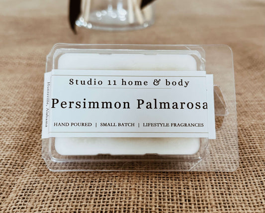 Six pure soy cubes featuring our unique persimmon and palmarosa essential oil blend for flameless fragrance enjoyment. Studio 11 Huntsville AL