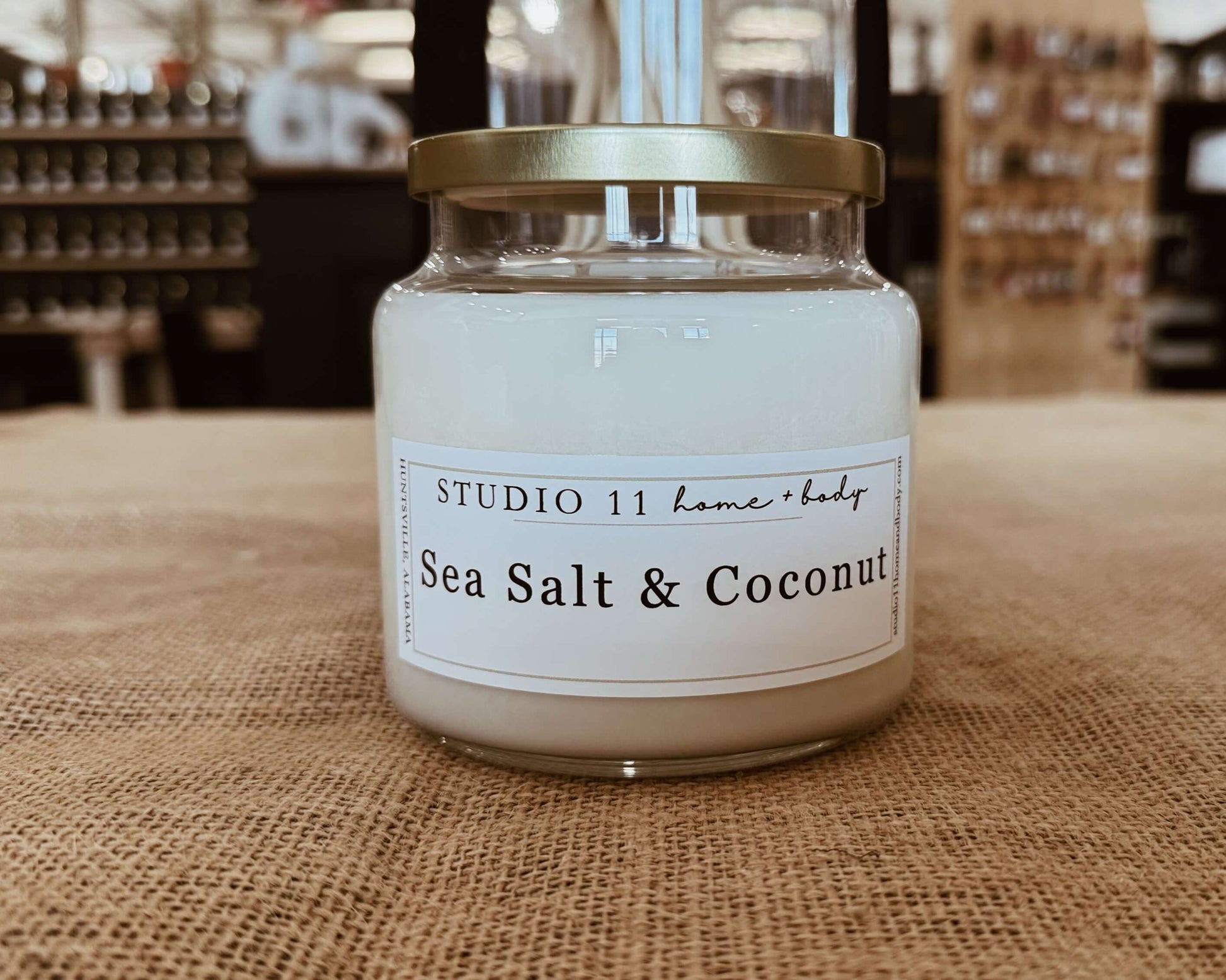 Clean-burning soy candle with sea salt and coconut fragrance, handcrafted by Studio 11 Home and Body in Huntsville AL