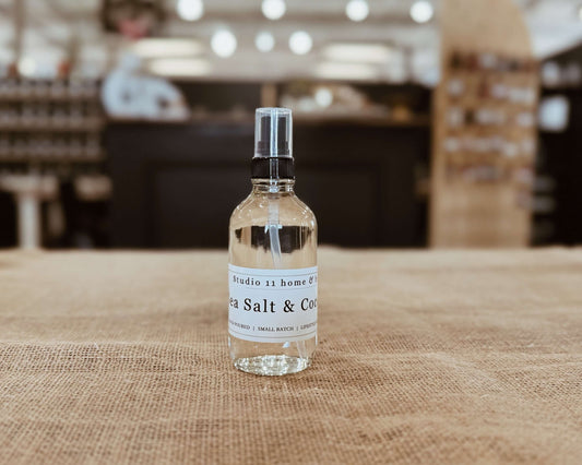 Breezy Sea Salt and Coconut inspired room mist handmade by Studio 11 Home and Body in Huntsville AL, perfect for creating a beachy atmosphere