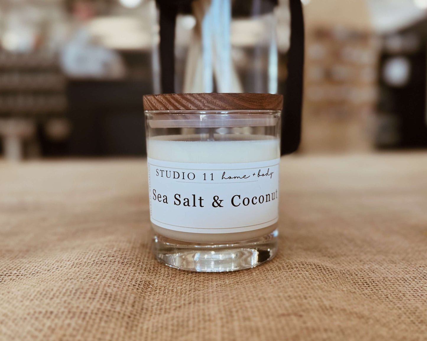 Clean-burning soy candle with sea salt and coconut fragrance, handcrafted by Studio 11 Home and Body in Huntsville AL