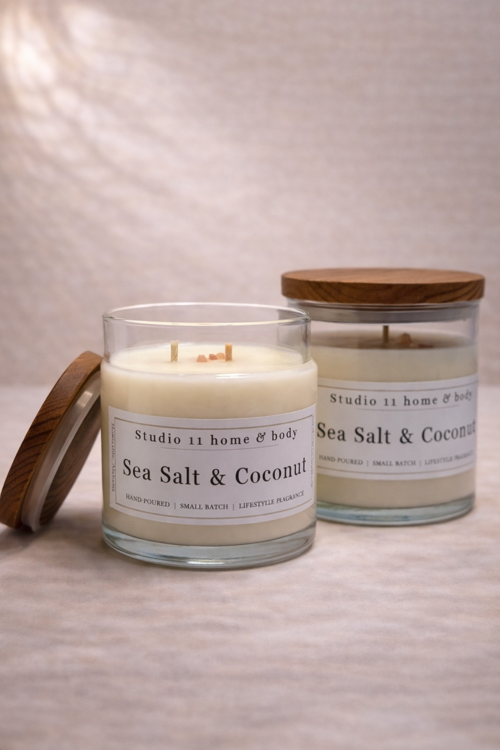 Clean-burning soy candle with sea salt and coconut fragrance, handcrafted by Studio 11 Home and Body in Huntsville AL
