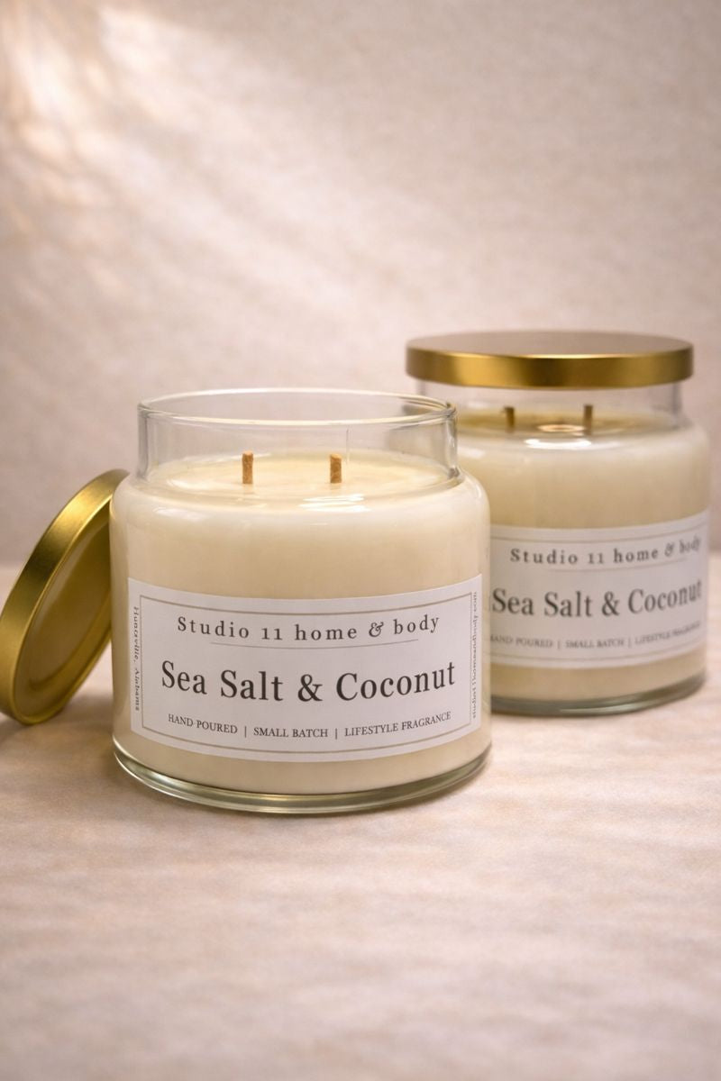 Clean-burning soy candle with sea salt and coconut fragrance, handcrafted by Studio 11 Home and Body in Huntsville AL