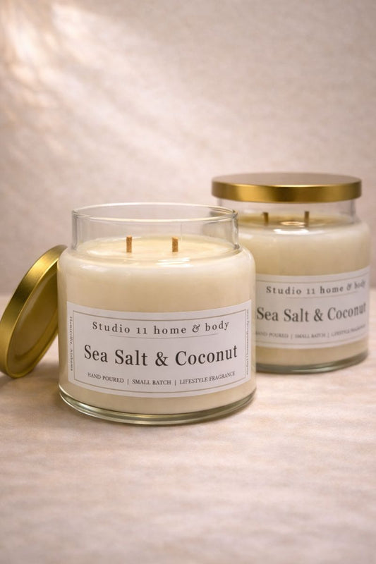 Clean-burning soy candle with sea salt and coconut fragrance, handcrafted by Studio 11 Home and Body in Huntsville AL
