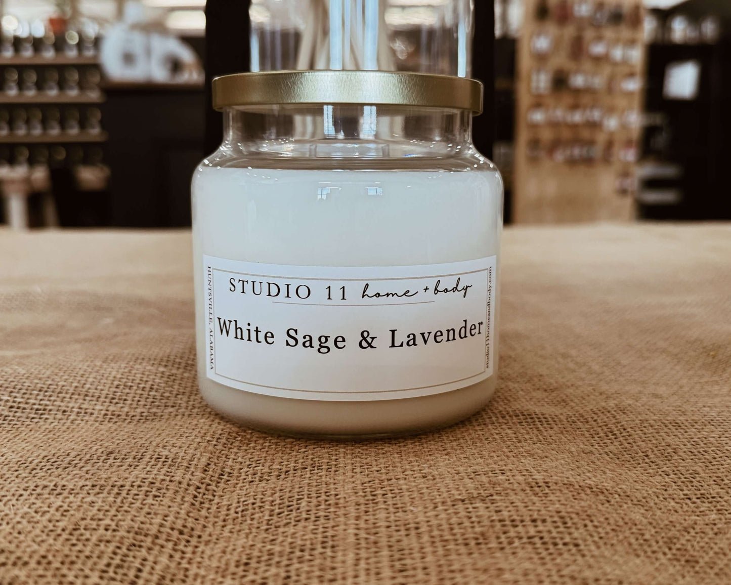 Soy candle with botanical blend combining purifying white sage with calming lavender. Hand poured by Studio 11 in Huntsville AL.