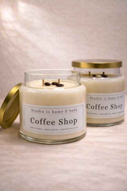 Coffee-inspired soy candle handcrafted by Studio 11 Home and Body in Huntsville AL, perfect for coffee lovers