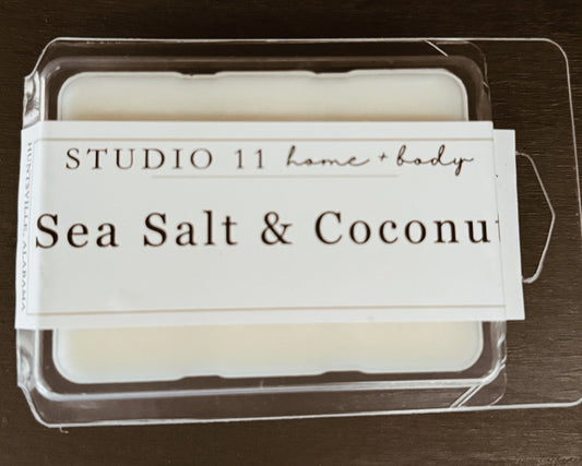 Beach-inspired fragrance in convenient melt form. Six pure soy cubes featuring our popular sea salt and coconut blend. Hand Poured by Studio 11 Huntsville AL